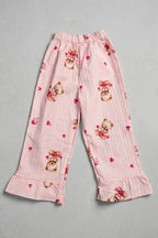 Pink Teddy Heart Print Flapper For Girls