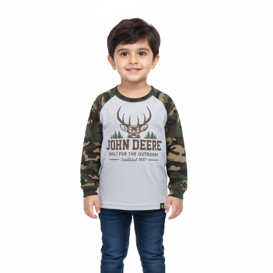 HAZEL GREY WITH CAMOUFLAGE SLEEVES DEERE PRINTED FULL SLEEVES T-SHIRT Main image