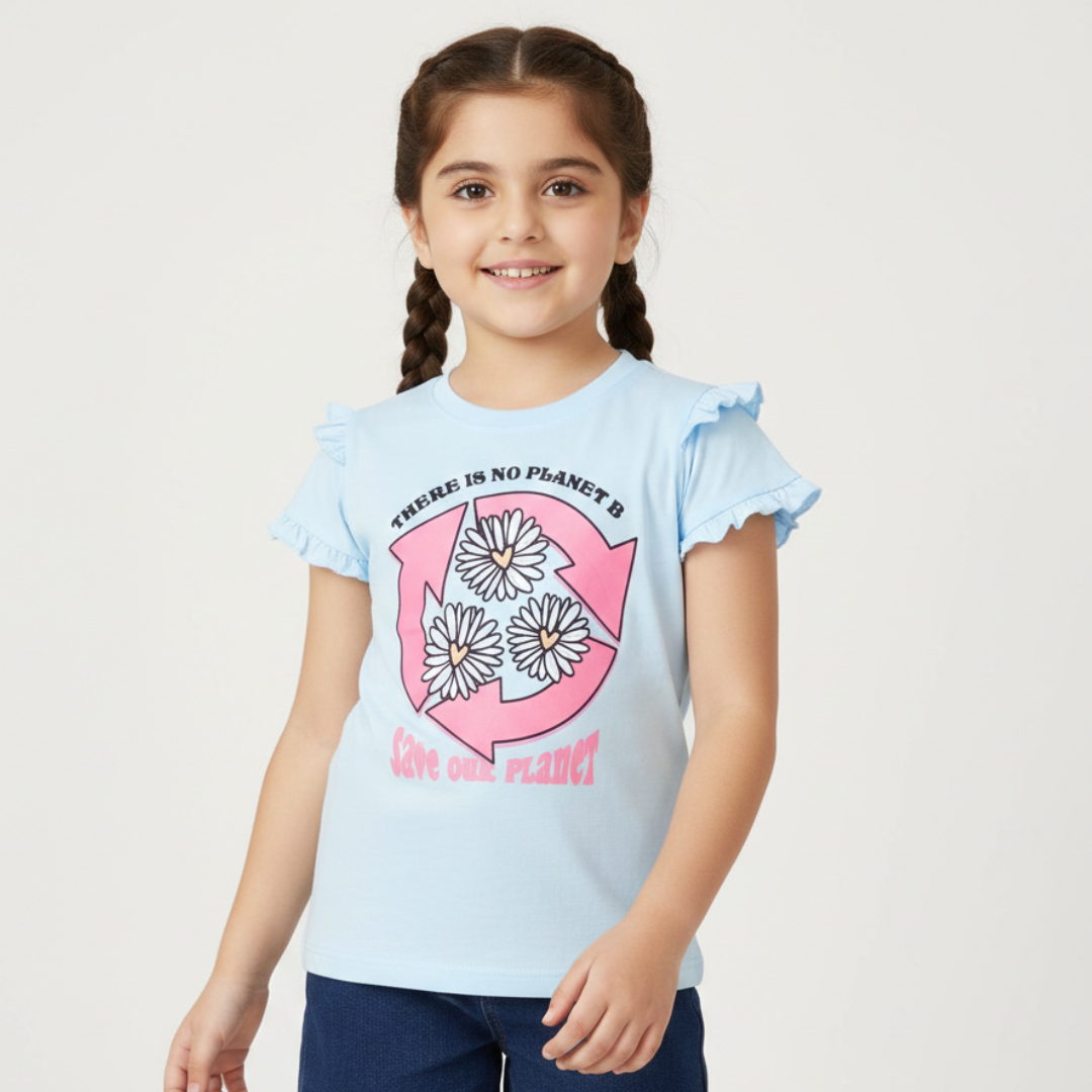 SKY BLUE THERE IS NO PLANET B FLOWERS PRINTED T-SHIRT TOP FOR GIRLS Main image