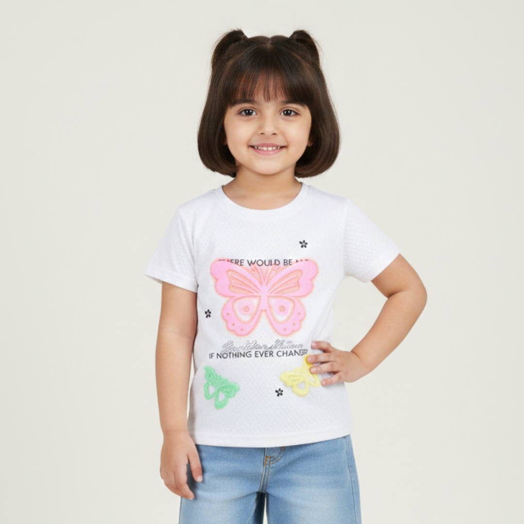 ASH WHITE EVER CHANGED BUTTERFLIES PRINTED T-SHIRT TOP FOR GIRLS Main image