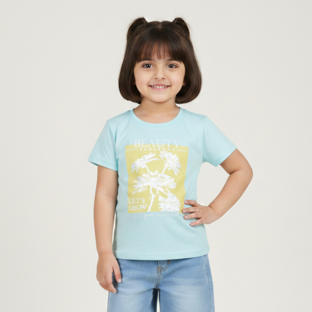 SKY BLUE BEAUTY BLOSSOMS PRINTED T-SHIRT TOP FOR GIRLS