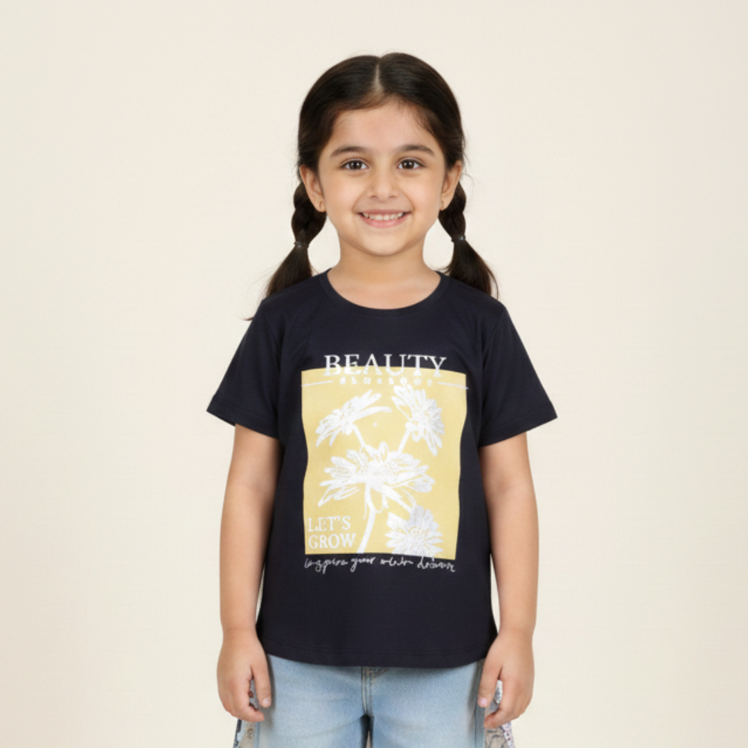 NAVY BLUE BEAUTY BLOSSOMS PRINTED T-SHIRT TOP FOR GIRLS