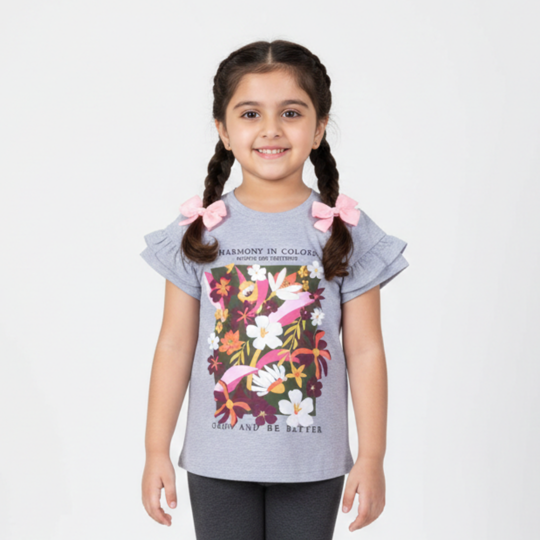HAZEL GREY FLOWERS HARMONY PRINTED T-SHIRT TOP FOR GIRLS