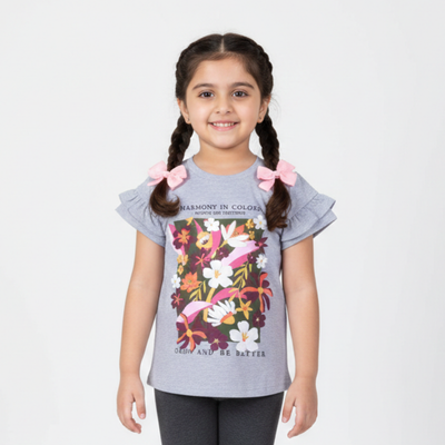 HAZEL GREY FLOWERS HARMONY PRINTED T-SHIRT TOP FOR GIRLS