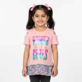 PEACH & WHITE POWER TO THE GIRLS PRINTED T-SHIRT TOP FOR GIRLS