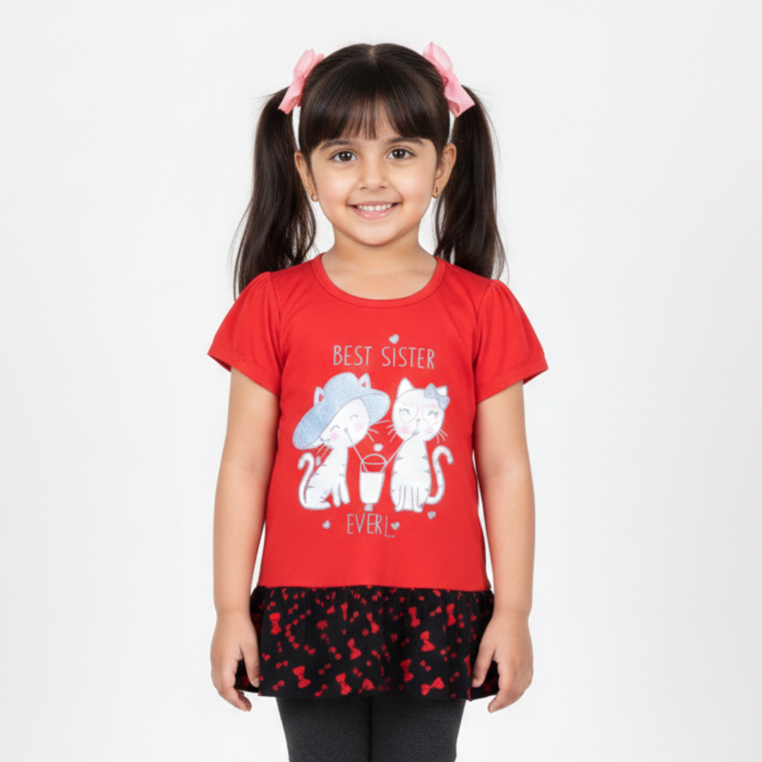 RED & BLACK BEST SISTER EVER PRINTED T-SHIRT TOP FOR GIRLS Main image