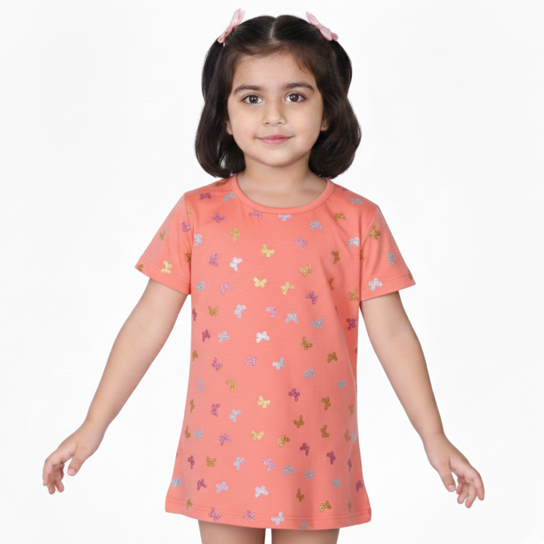 DARK PEACH GLITTER BUTTERFLY PRINTED T-SHIRT TOP FOR GIRLS Main image