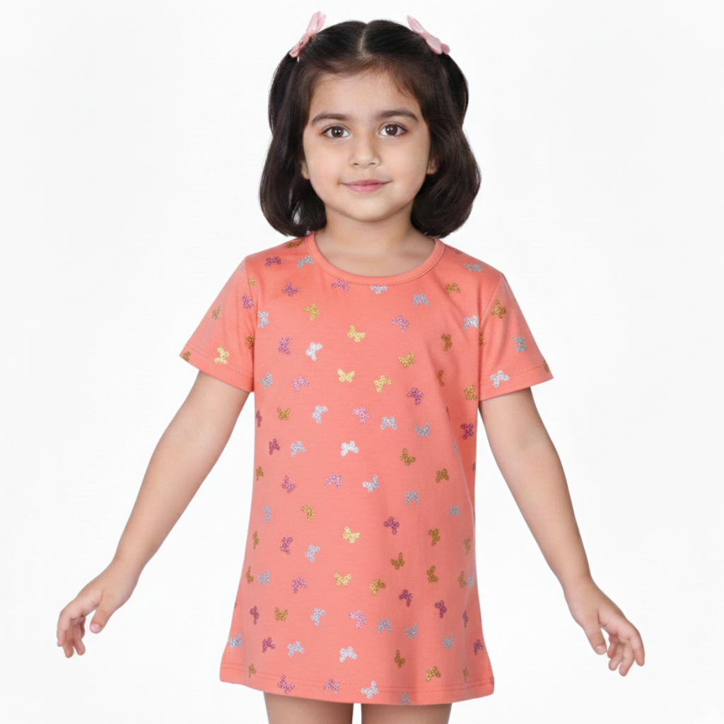DARK PEACH GLITTER BUTTERFLY PRINTED T-SHIRT TOP FOR GIRLS