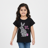 BLACK LOVELY BUNNY PRINTED T-SHIRT TOP FOR GIRLS