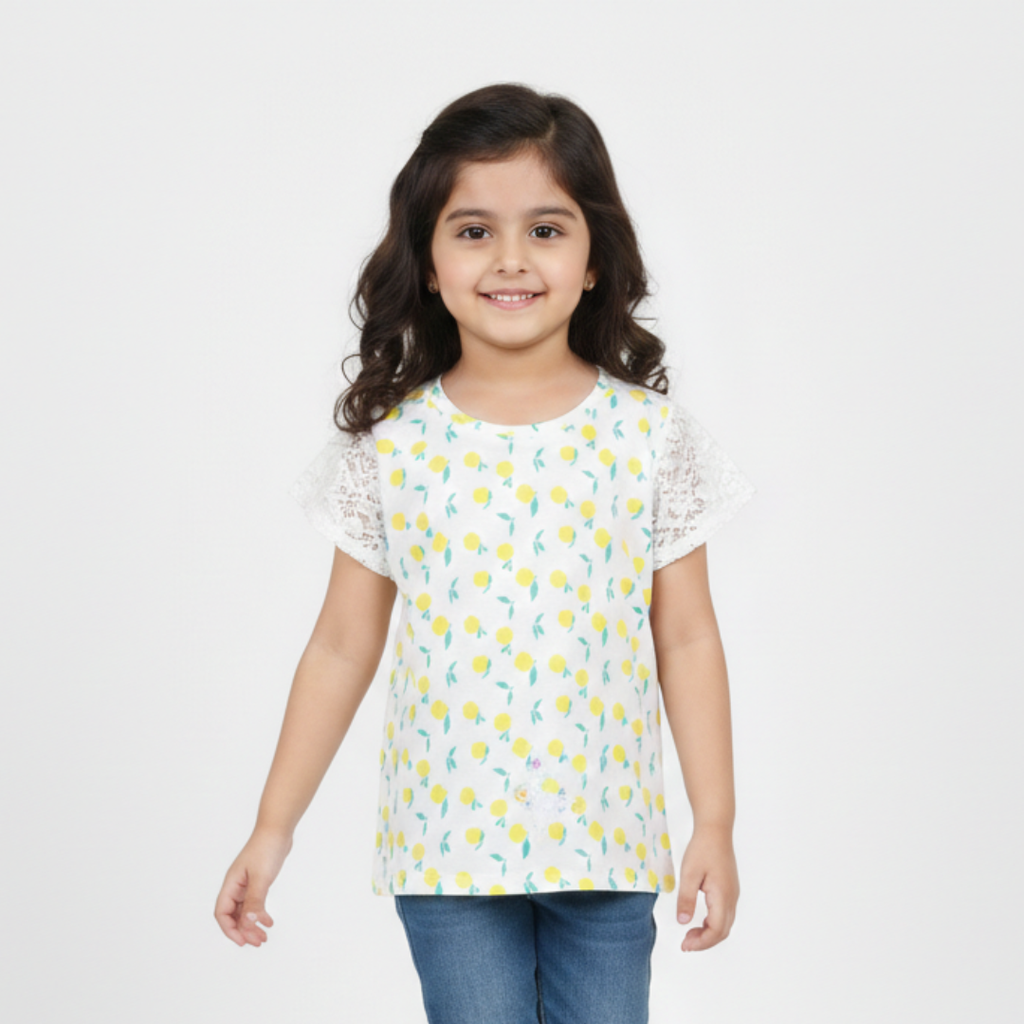 WHITE WITH YELLOW LEMON PRINTED T-SHIRT TOP FOR GIRLS