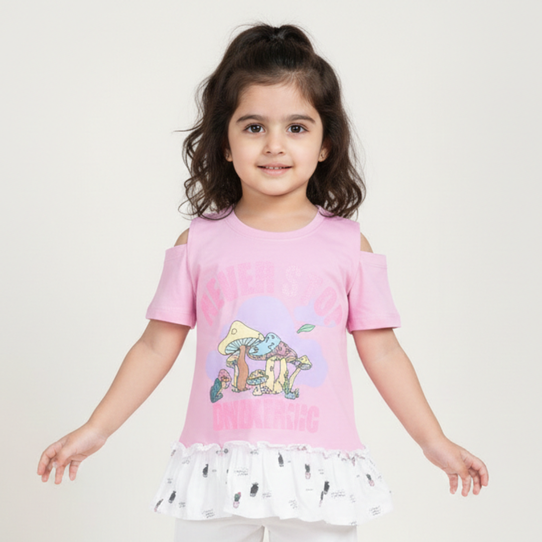 LIGHT PURPLE NEVER STOP PRINTED COLD SHOULDER T-SHIRT TOP FOR GIRLS Main image