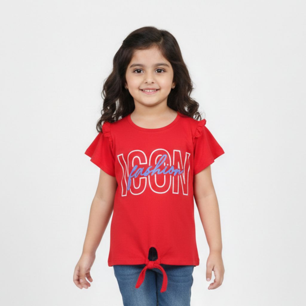 RED FASHION ICON PRINTED T-SHIRT TOP FOR GIRLS