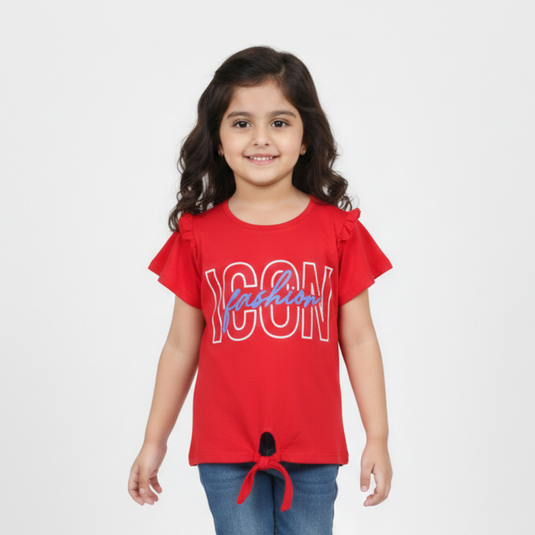 RED FASHION ICON PRINTED T-SHIRT TOP FOR GIRLS