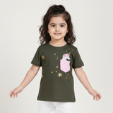 GREEN POCKET UNICORN PRINTED T-SHIRT TOP FOR GIRLS
