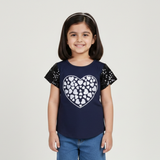 NAVY BLUE STARS SLEEVES HEART PRINTED T-SHIRT TOP FOR GIRLS