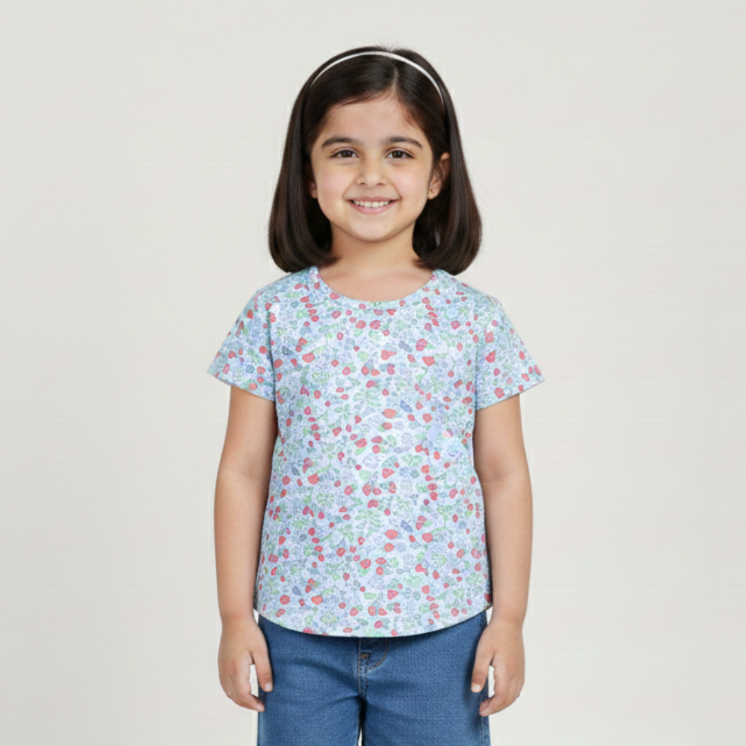 SKY BLUE STRAWBERRY PRINTED PLAIN SLEEVES T-SHIRT TOP FOR GIRLS Main image