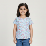 SKY BLUE STRAWBERRY PRINTED PLAIN SLEEVES T-SHIRT TOP FOR GIRLS