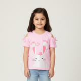 PINK COLD SHOULDER HONEY BUNNY PRINTED T-SHIRT TOP FOR GIRLS