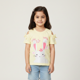 YELLOW COLD SHOULDER HONEY BUNNY PRINTED T-SHIRT TOP FOR GIRLS