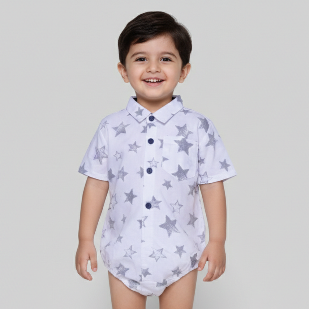 WHITE COTTON FABRIC STARS PRINT WITH COLLAR ROMPER