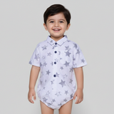 WHITE COTTON FABRIC STARS PRINT WITH COLLAR ROMPER