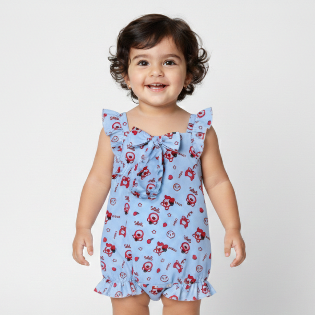 SKY BLUE BEAR LOTSO PRINT WITH BAND ROMPER FOR GIRLS