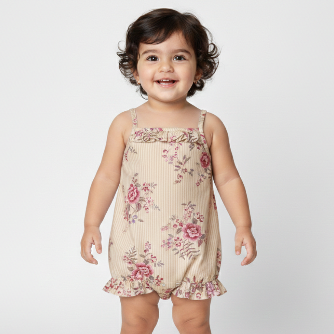 LIGHT BROWN FLOWERS PRINTED COTTON FABRIC ROMPER Main image