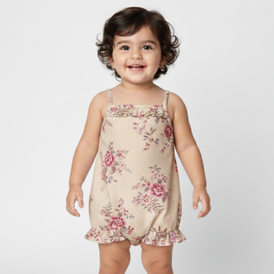 LIGHT BROWN FLOWERS PRINTED COTTON FABRIC ROMPER