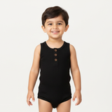 NEW DULL BLACK SLEEVE LESS WITH BUTTONS ROMPER