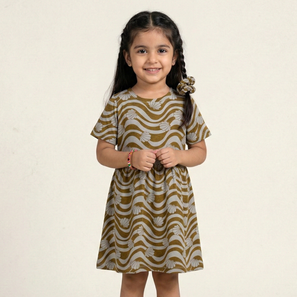 GREY WITH LINES & SHELL PRINTED FROCK