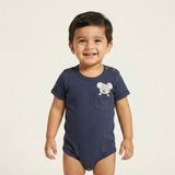 DARK BLUE POCKET CARTOON PRINTED HALF BODY HALF SLEEVES ROMPER