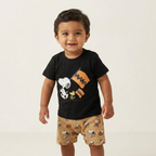 BLACK & ORANGE SNOOPY WITH FLAG PRINTED HALF BODY ROMPER