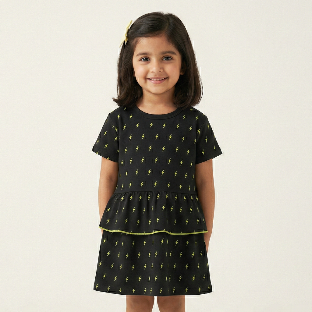 BLACK WITH GREEN ELECTRIC PRINT HALF SLEEVES FROCK FOR GIRLS