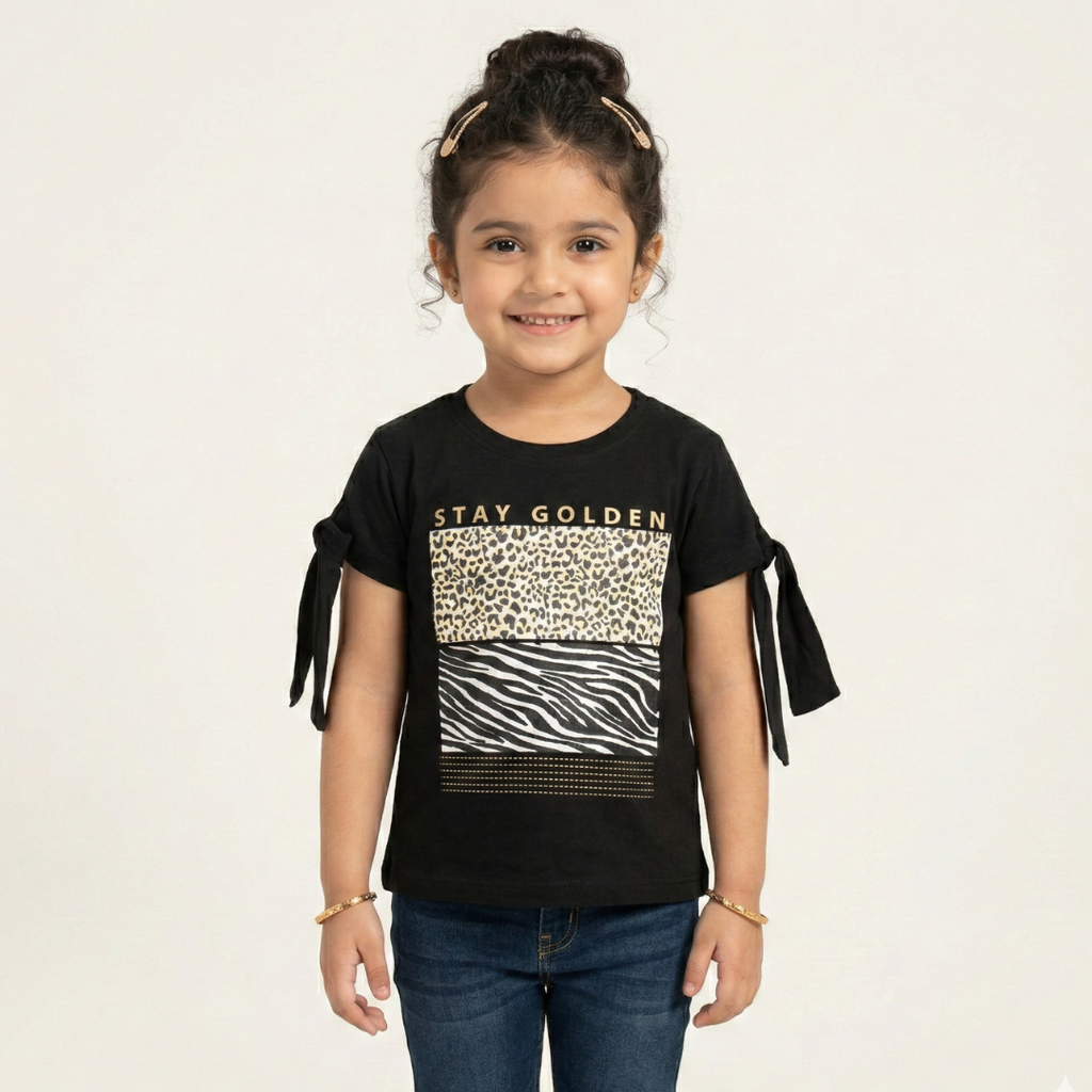 BLACK STAY GOLDEN PRINTED T-SHIRT TOP FOR GIRLS