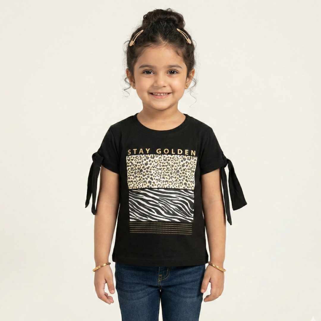 BLACK STAY GOLDEN PRINTED T-SHIRT TOP FOR GIRLS