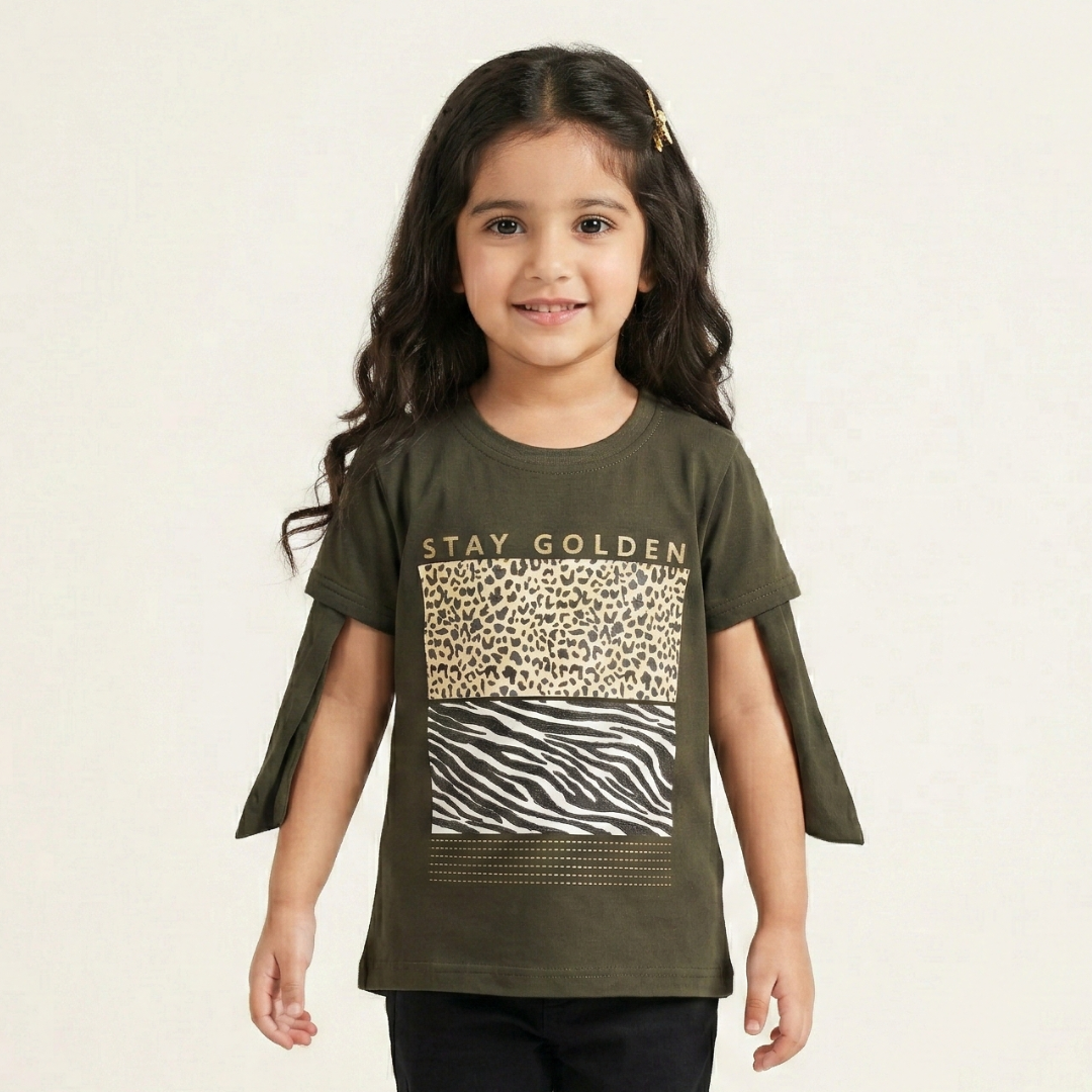 GREEN STAY GOLDEN PRINTED T-SHIRT TOP FOR GIRLS