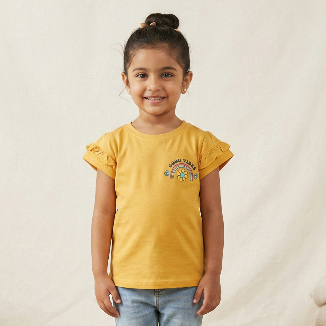 MUSTARD GOOD VIBES PRINTED T-SHIRT TOP FOR GIRLS Main image