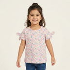 PURPLE FLOWERS WITH BOW SLEEVES PRINTED T-SHIRT TOP FOR GIRLS