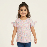 PURPLE FLOWERS WITH BOW SLEEVES PRINTED T-SHIRT TOP FOR GIRLS