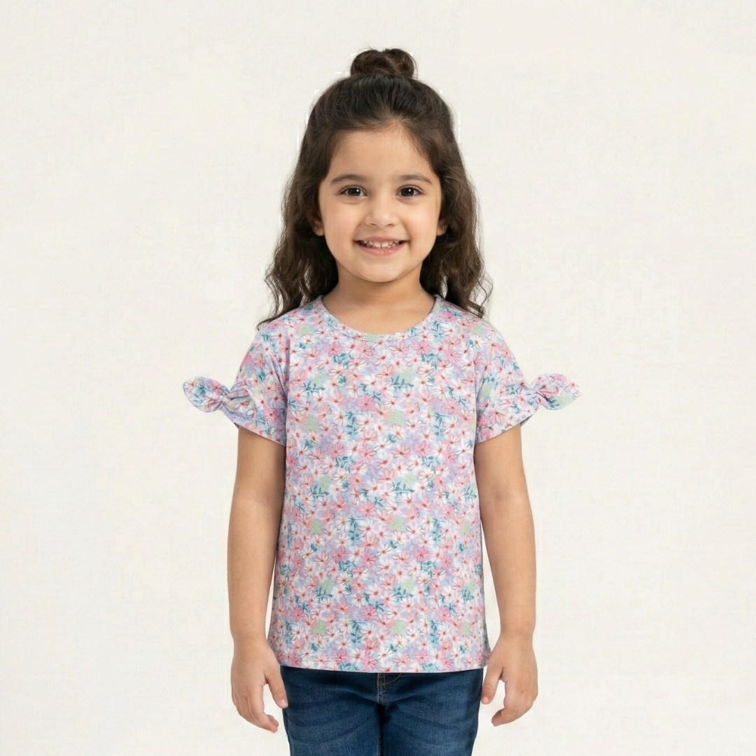 SKY BLUE FLOWERS WITH BOW SLEEVES PRINTED T-SHIRT TOP FOR GIRLS Main image