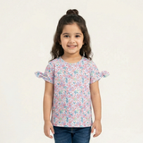SKY BLUE FLOWERS WITH BOW SLEEVES PRINTED T-SHIRT TOP FOR GIRLS