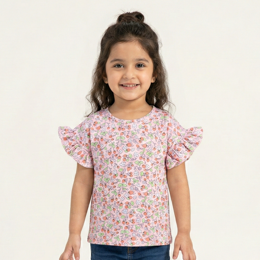 BABY PINK STRAWBERRY PRINTED T-SHIRT TOP FOR GIRLS Main image