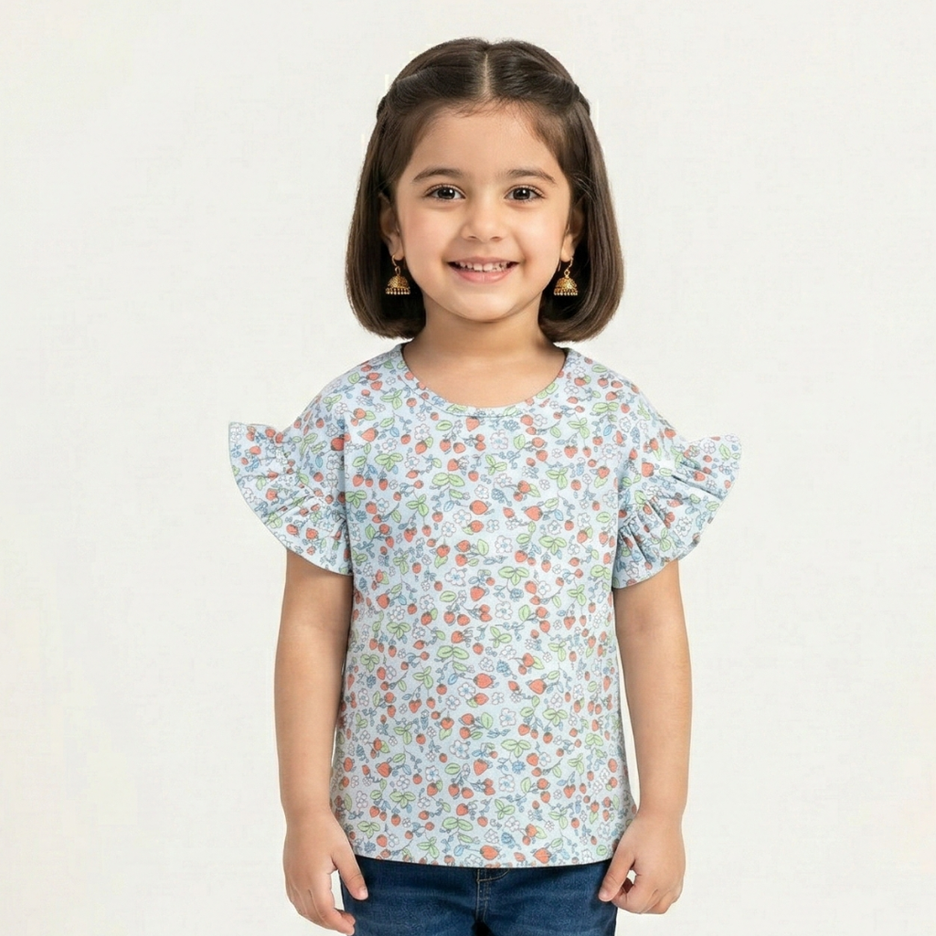 SKY BLUE STRAWBERRY PRINTED T-SHIRT TOP FOR GIRLS