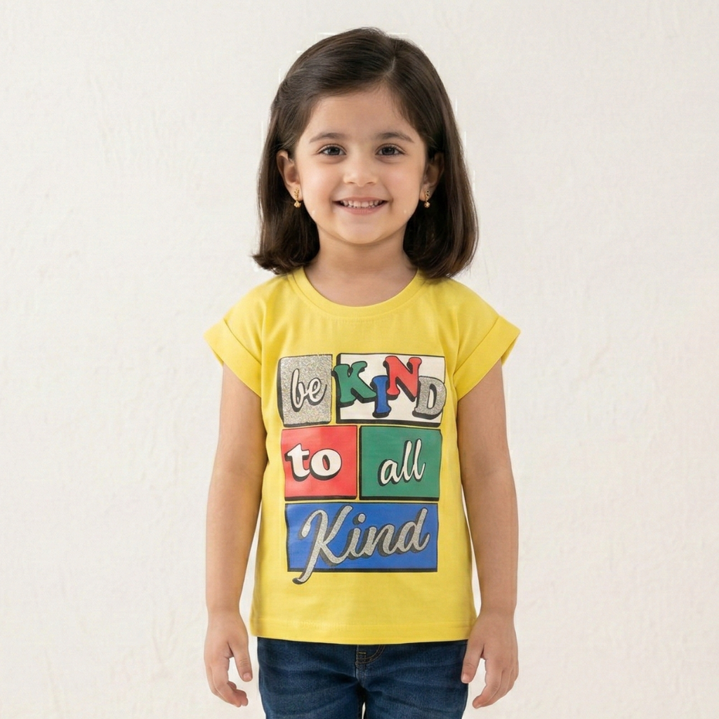YELLOW BE KIND TO ALL KIND PRINTED T-SHIRT TOP FOR GIRLS