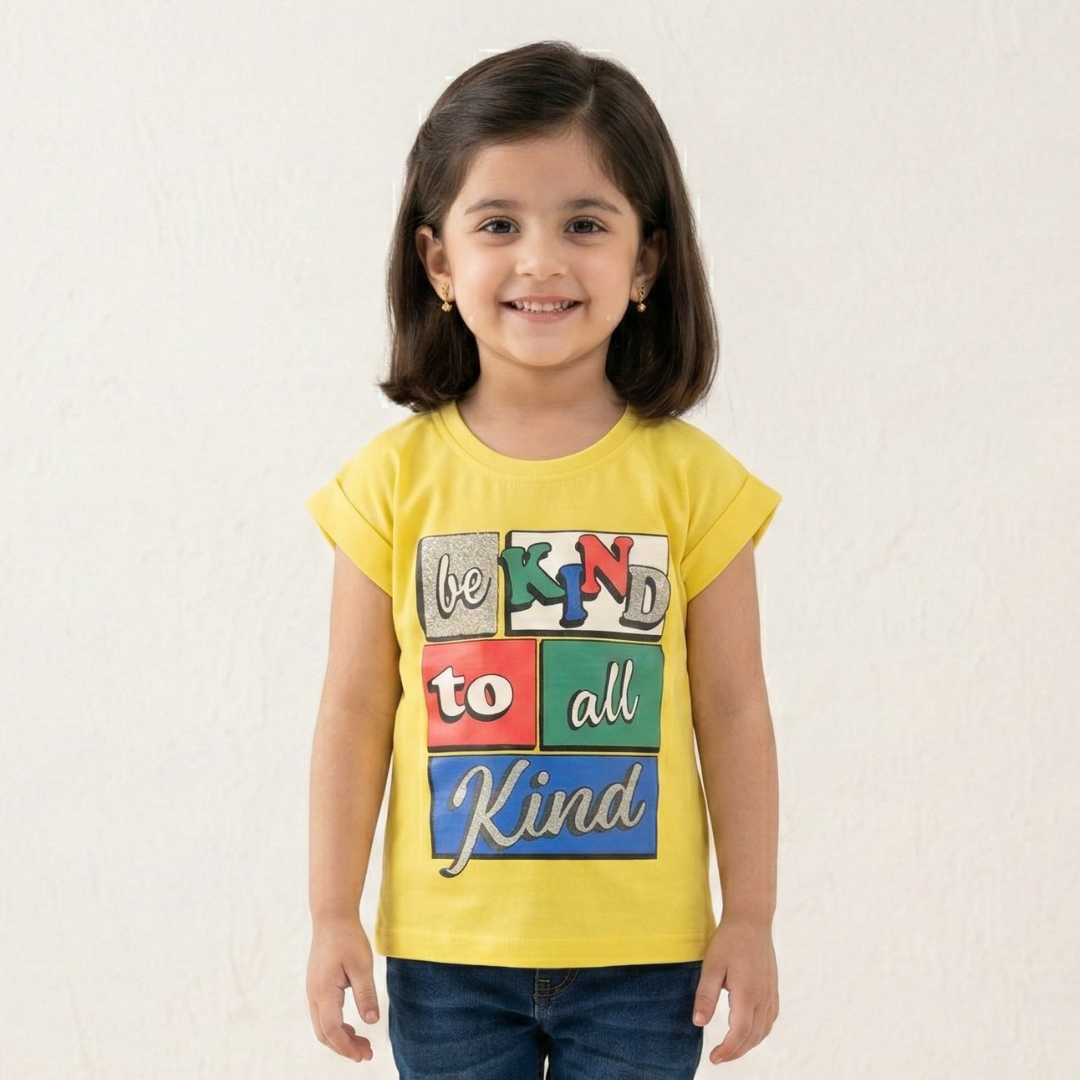 YELLOW BE KIND TO ALL KIND PRINTED T-SHIRT TOP FOR GIRLS