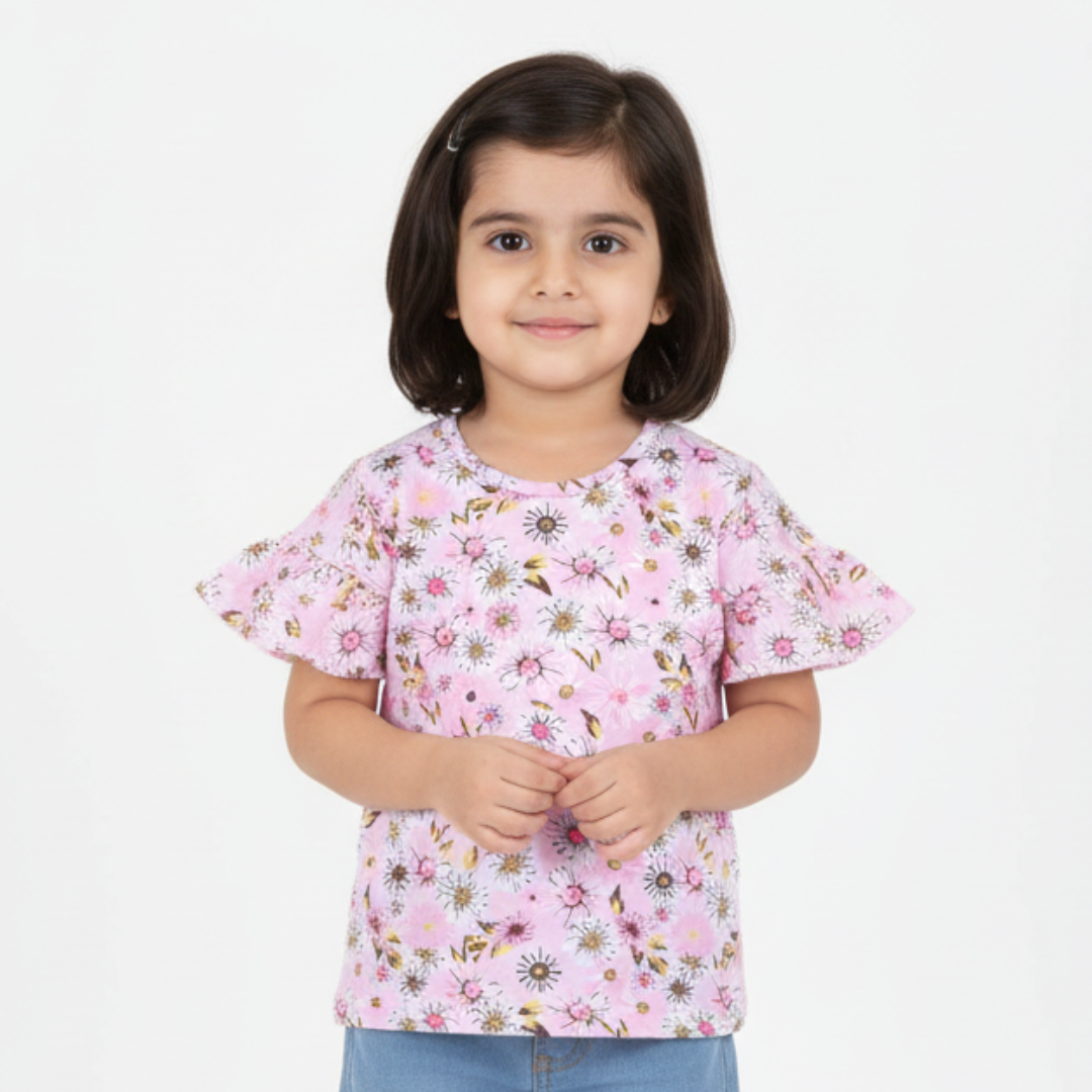 BABY PINK BIG FLOWERS FRIL SLEEVES PRINTED T-SHIRT TOP FOR GIRLS Main image