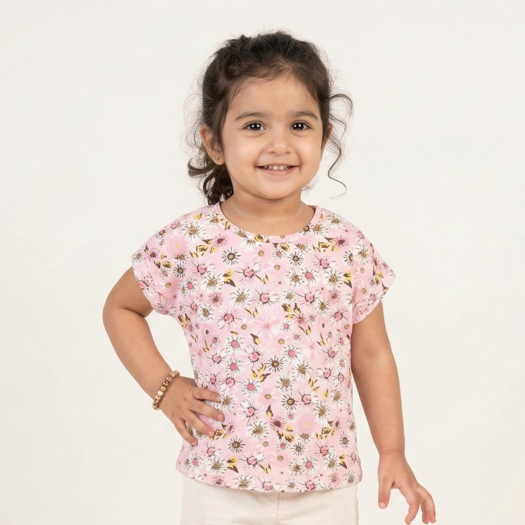 BABY PINK BIG FLOWERS PRINTED T-SHIRT TOP FOR GIRLS