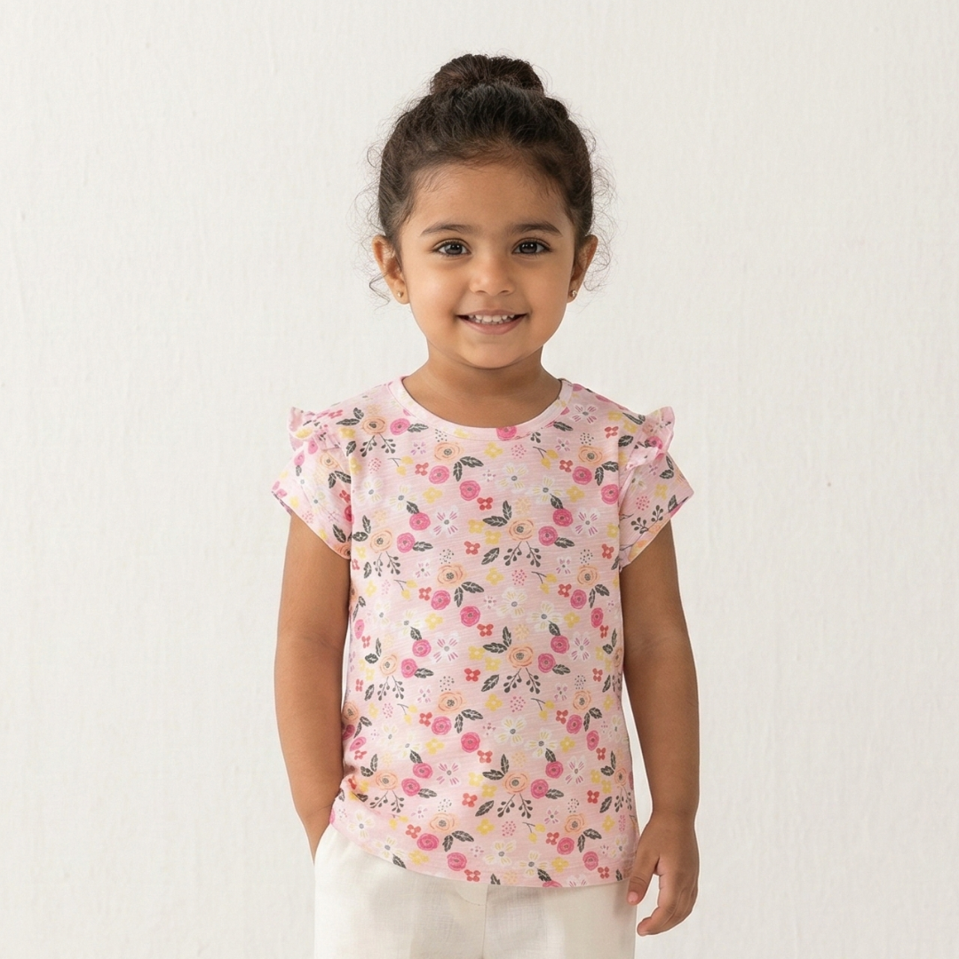 BABY PINK FLOWERS PRINTED T-SHIRT TOP FOR GIRLS Main image