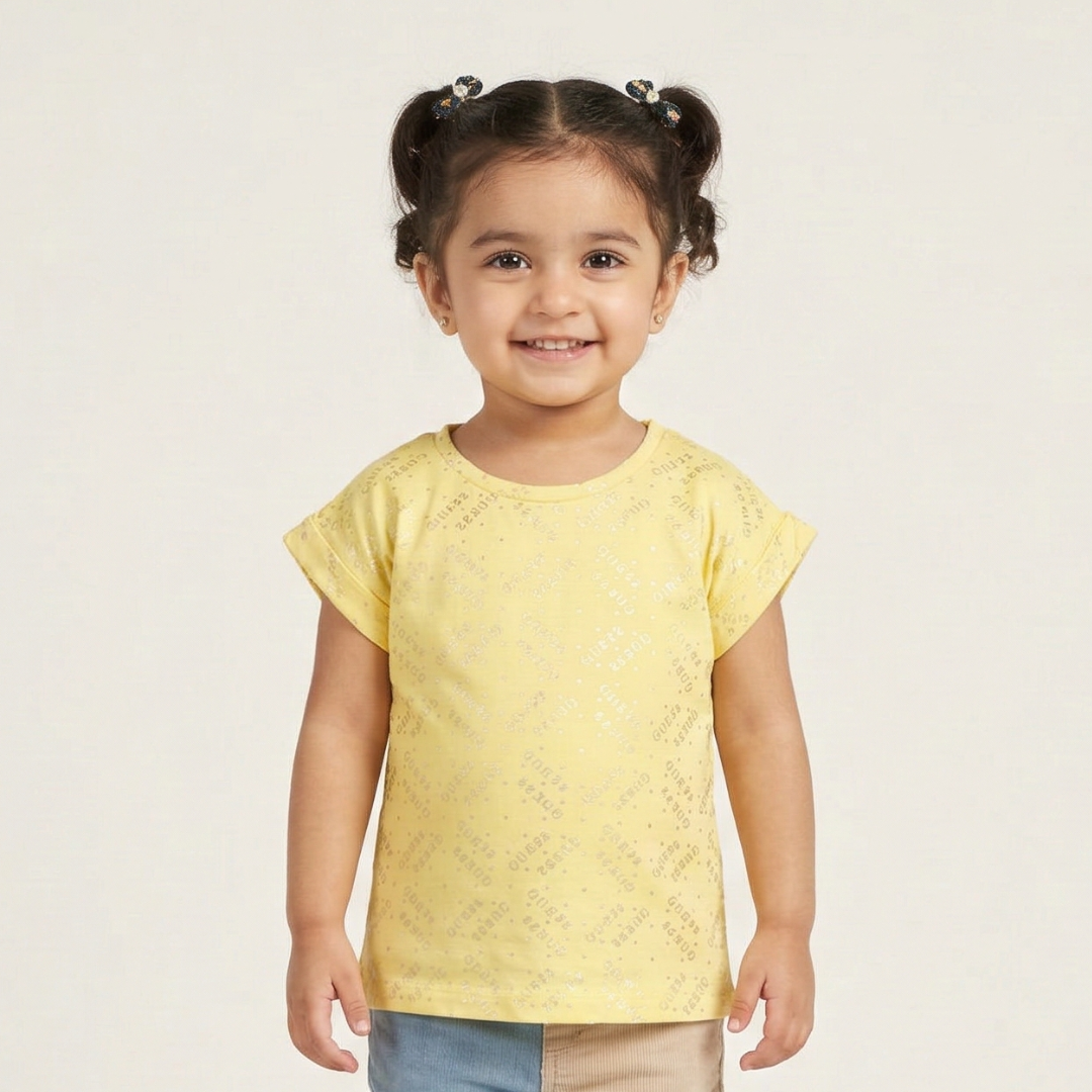 YELLOW WITH GOLDEN GUESS PRINTED T-SHIRT TOP FOR GIRLS Main image