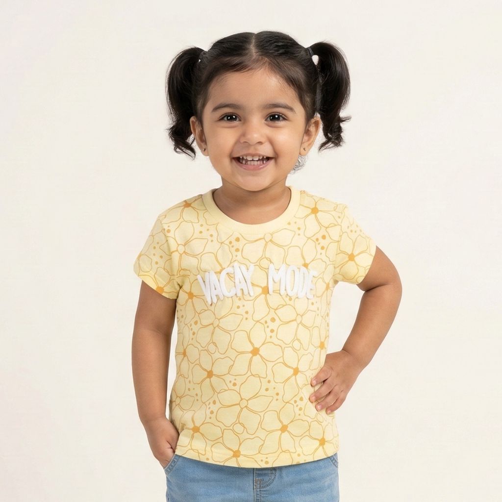 LIME YELLOW VACAY MODE FLOWERS PRINTED T-SHIRT TOP FOR GIRLS